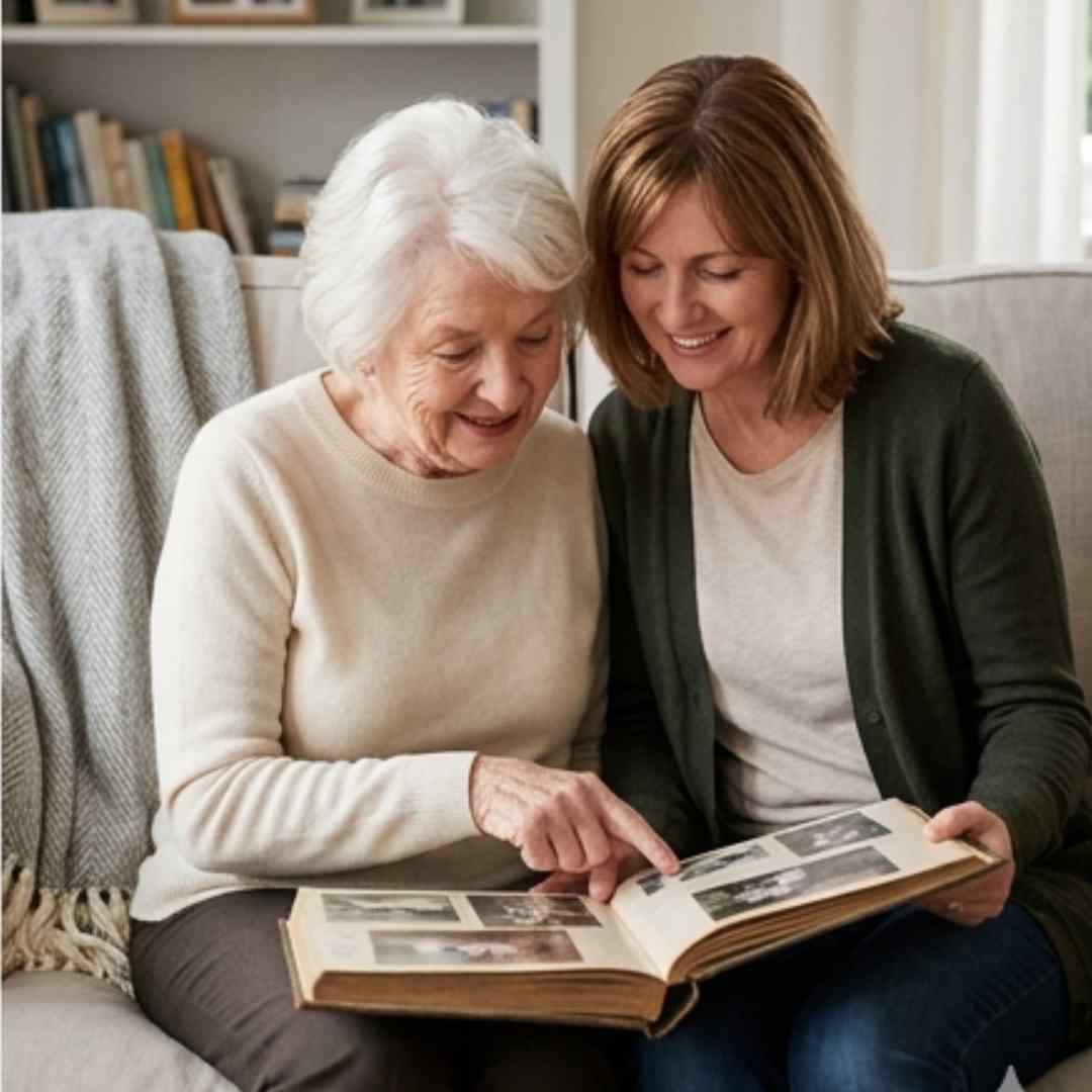 Hija acompañando a su madre con actividades cognitivas