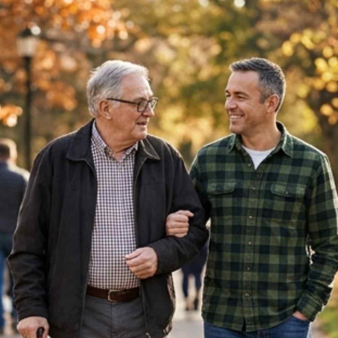 Hijo acompañando a su padre con ejercicios de estimulación cognitiva